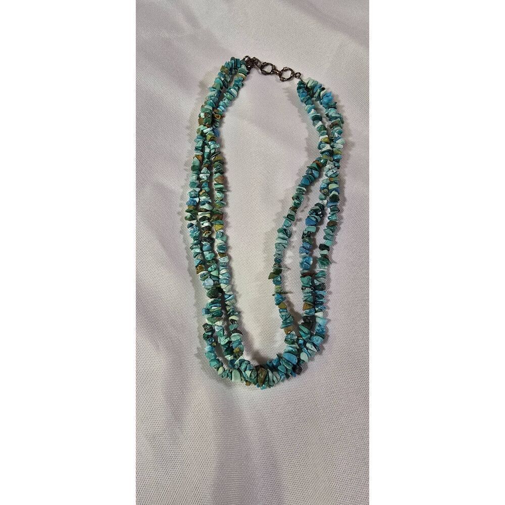 925 Stamped Three Strand Turquoise Nugget And Sterling Silver Necklace